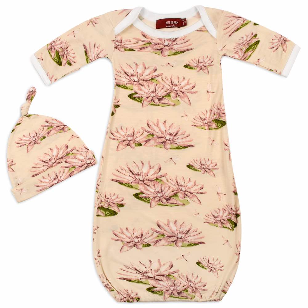 Bamboo Newborn and Baby Gown and Hat Set in the Water Lily Print by Milkbarn Kids