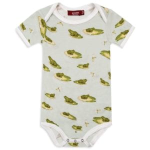 Bamboo Mint or Pale Green Baby One Piece or Onesie in the Leapfrog Print by Milkbarn Kids