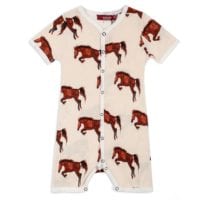 32114 - Organic Cotton Baby Shortall, Playsuit or Short Overalls in the Natural Horse or Stallion or Mare Print by Milkbarn Kids