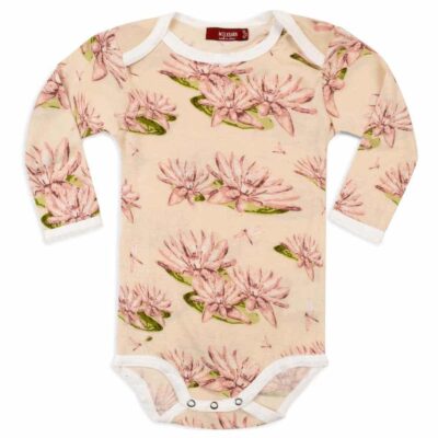 Bamboo Baby Long Sleeve One Piece or Onesie in the Water Lily Print by Milkbarn Kids