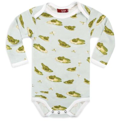 Bamboo Baby Long Sleeve One Piece or Onesie in the Leapfrog Print by Milkbarn Kids