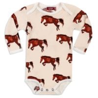 33114 - Organic Cotton Baby Long Sleeve One Piece or Onesie in the Natural Horse or Stallion or Mare Print by Milkbarn Kids