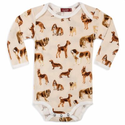 Organic Cotton Baby Long Sleeve One Piece or Onesie in the Natural Dog or Puppy Print by Milkbarn Kids