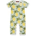 Mint or Muted Green Organic Cotton Romper or Jumpsuit in the Lemon Citrus Print by Milkbarn Kids