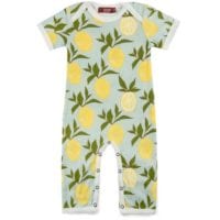 35089 - Mint or Muted Green Organic Cotton Romper or Jumpsuit in the Lemon Citrus Print by Milkbarn Kids