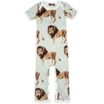 Mint or Muted Green Bamboo Romper or Jumpsuit in the Lion Wildlife Print by Milkbarn Kids