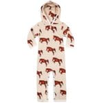 Milkbarn Kids Organic Cotton Hooded Romper or Jumpsuit in the Natural Horse or Stallion or Mare Print