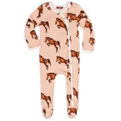 Baby and Newborn Organic Cotton Footed Romper in the Horse Print by Milkbarn Kids