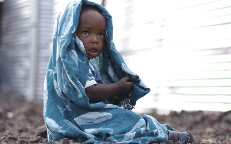 Little Baby Boy Wrapped in the Blue Whale Big Lovey Blanket - Our Cause - Exile International and Milkbarn Kids