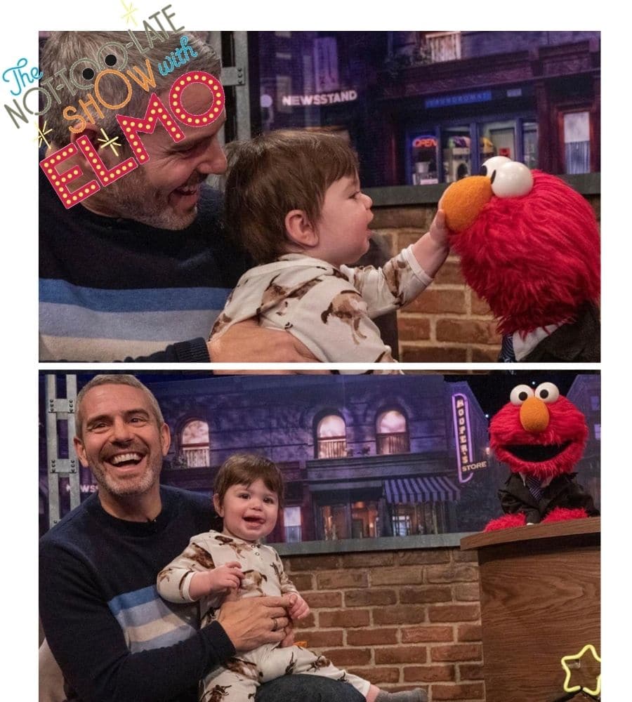 Andy Cohen and His Son Ben Appear on the TV Show Not Too Late Show With Elmo and Ben is Wearing the Milkbarn Kids Organic Cotton Hooded Romper in the Goat Print.