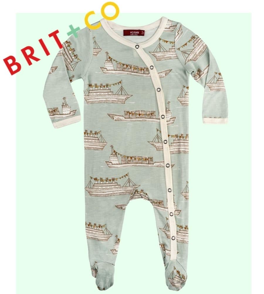 Brit and Co Features the Milkbarn Kids Blue Ships Bamboo Footed Romper in their List of 14 Snuggly Baby Onesies for the Winter.