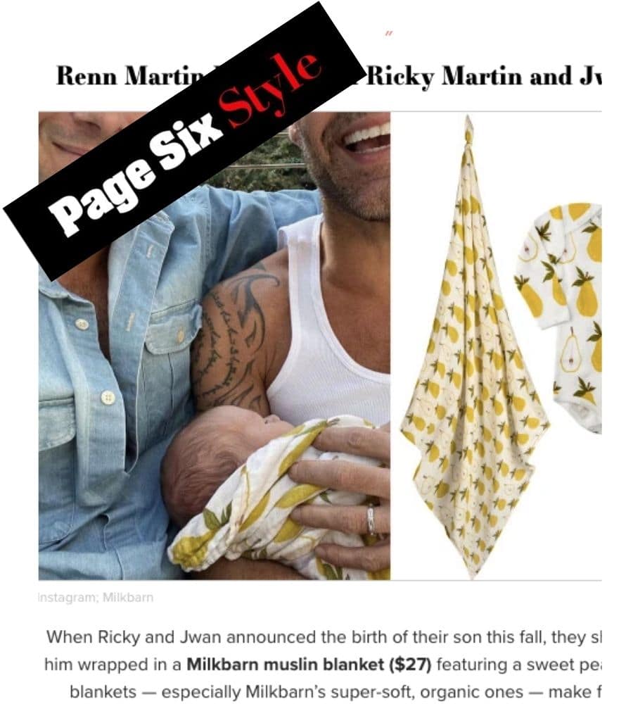 Page Six Style Features Ricky Martin and Jwan and Their Son in the Organic Muslin Swaddle Blanket and Organic Long Sleeve One Piece in the Pear Print by Milkbarn Kids