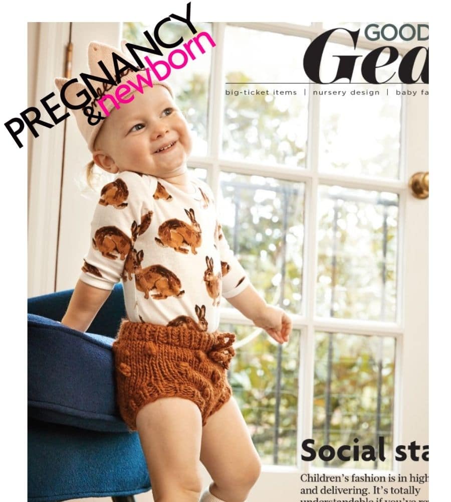 Preganancy and Newborn Magazine Features a Baby Girl in a Crown Wearing the Milkbarn Organic Cotton Long Sleeve One Piece in the Bunny Print.