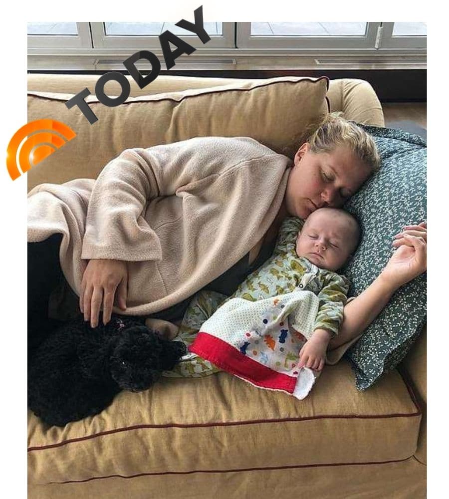 Today Show Online Features Amy Schumer and Baby Son Gene Wearing the Milkbarn Bamboo Footed Romper in the Blue Fish Print