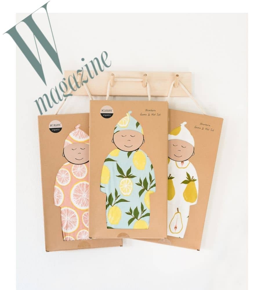 W Magazine Features the Milkbarn Newborn Gown and Hat Sets in Organic Cotton and Bamboo.