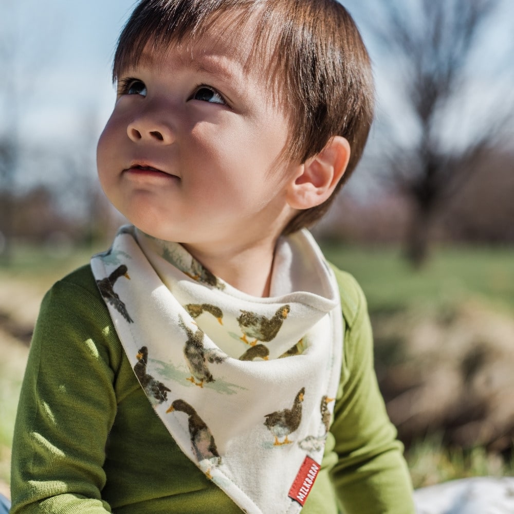 Baby boy outside looking to the sky in a green shirt wearing the Duck Organic Cotton Kerchief Bib by Milkbarn Kids