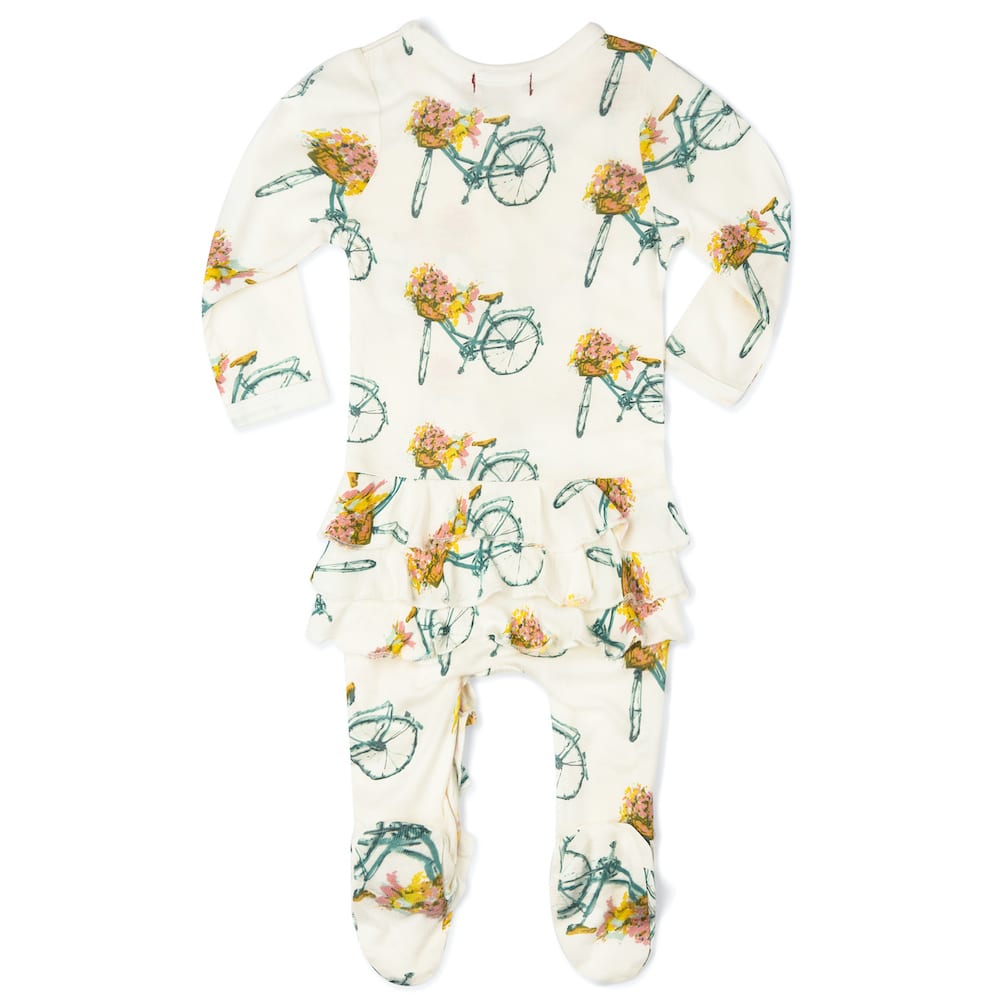 Floral Bicycle Bamboo Rear Ruffle Zipper Footed Romper by Milkbarn Kids