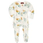 Floral Bicycle Bamboo Ruffle Zipper Footed Romper by Milkbarn Kids
