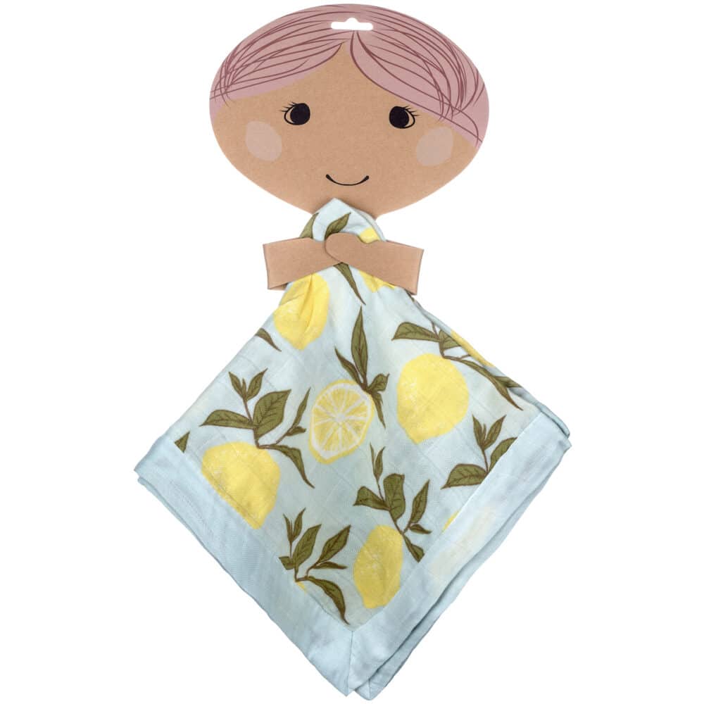 Packaging for the organic Lemon Muslin Mini Lovey Security Blanket by Milkbarn Kids