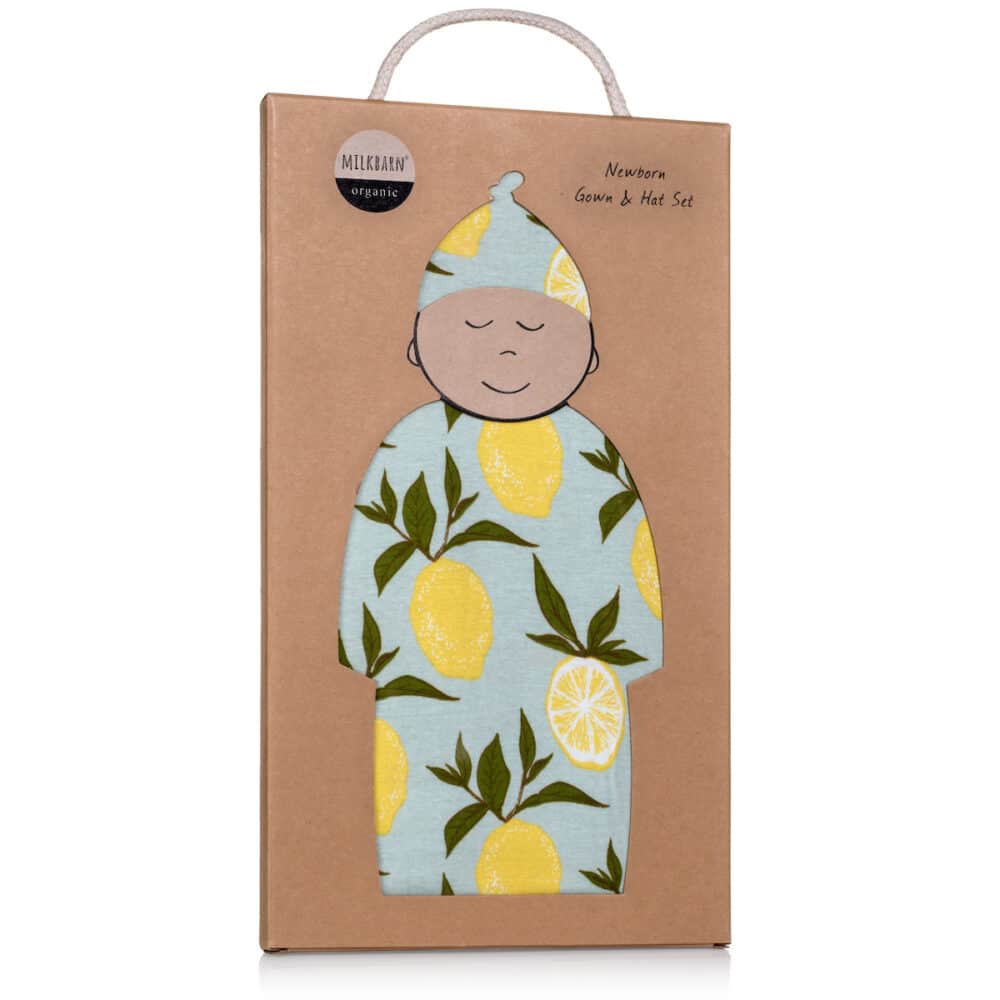 Packaging for the organic Lemon Newborn Gown and Hat Set by Milkbarn Kids