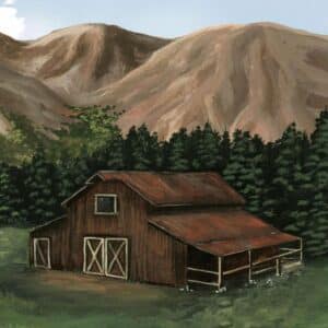 The Milkbarn children's book Mr. Harvey's Barn by Tina Yawn Seago and illustrated by Haley Hunt and the image of the barn and green fields and mountains.