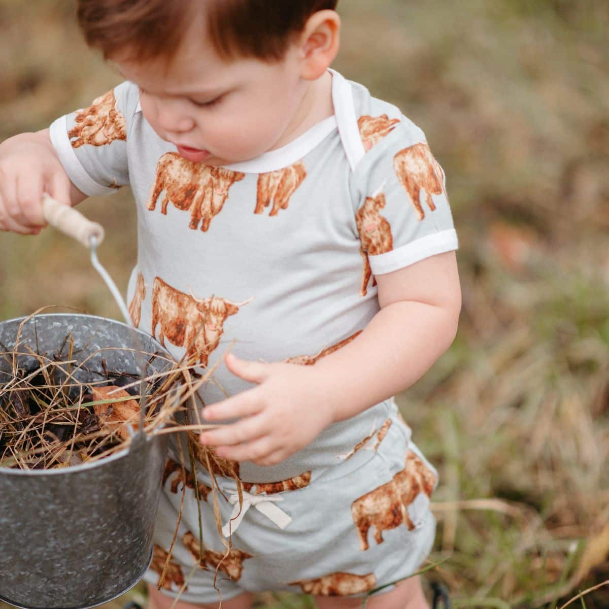Baby boy in a field with a tin buck wearing the Highland Cow Bamboo Pocket Bloomer and Highland Cow Short Sleeve One Piece or Onesie by Milkbarn.
