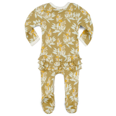 39139-2 - Gold Floral Organic Cotton Ruffle Zipper Footed Romper