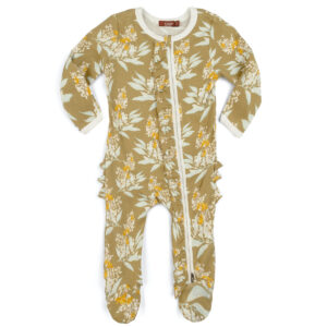 39139 - Gold Floral Organic cotton Ruffle Zipper Footed Romper