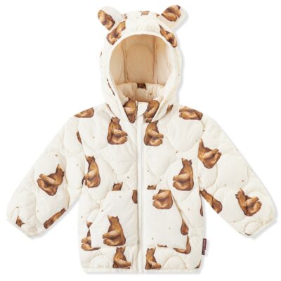 Honey Bear Lightweight Quilted Down Hooded Jacket on a ghost mannequin