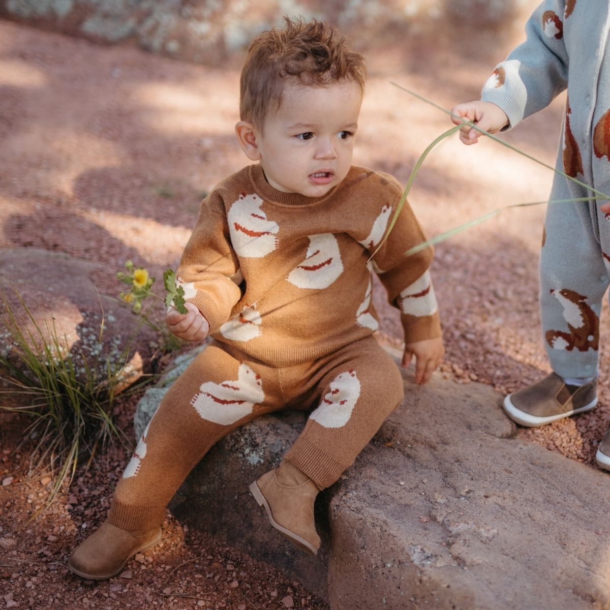 Little baby or toddler sitting on a log outside holding a yellow flower while wearing the Knitted Birdseye Jacquard Sweater and sweatpants